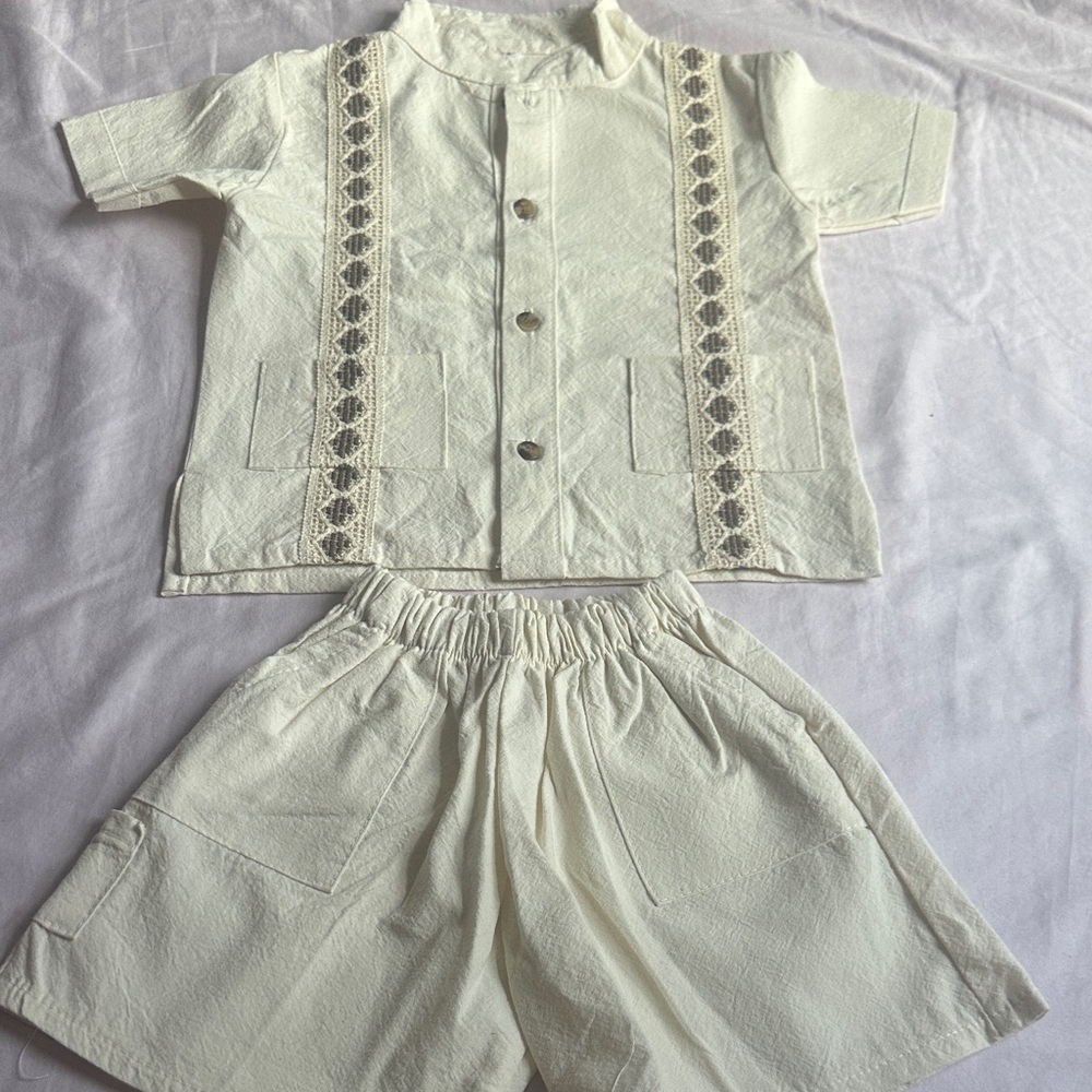 Kids Ivory Pajama Set with Embroidered Details